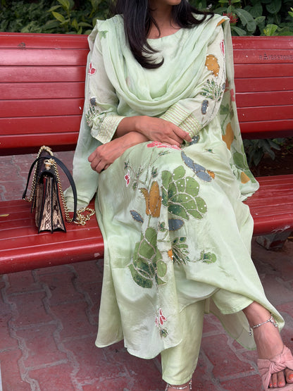 A0588 Pista Green hand painted 3pc set with beautiful shiffon duppata