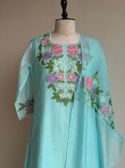 A0848 blue mul chanderi applique work 3 piece dress