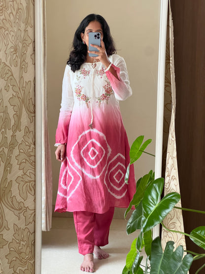 A0501 white & peach tie dye mul chanderi coord set with hand embroidery detailing on yoke part