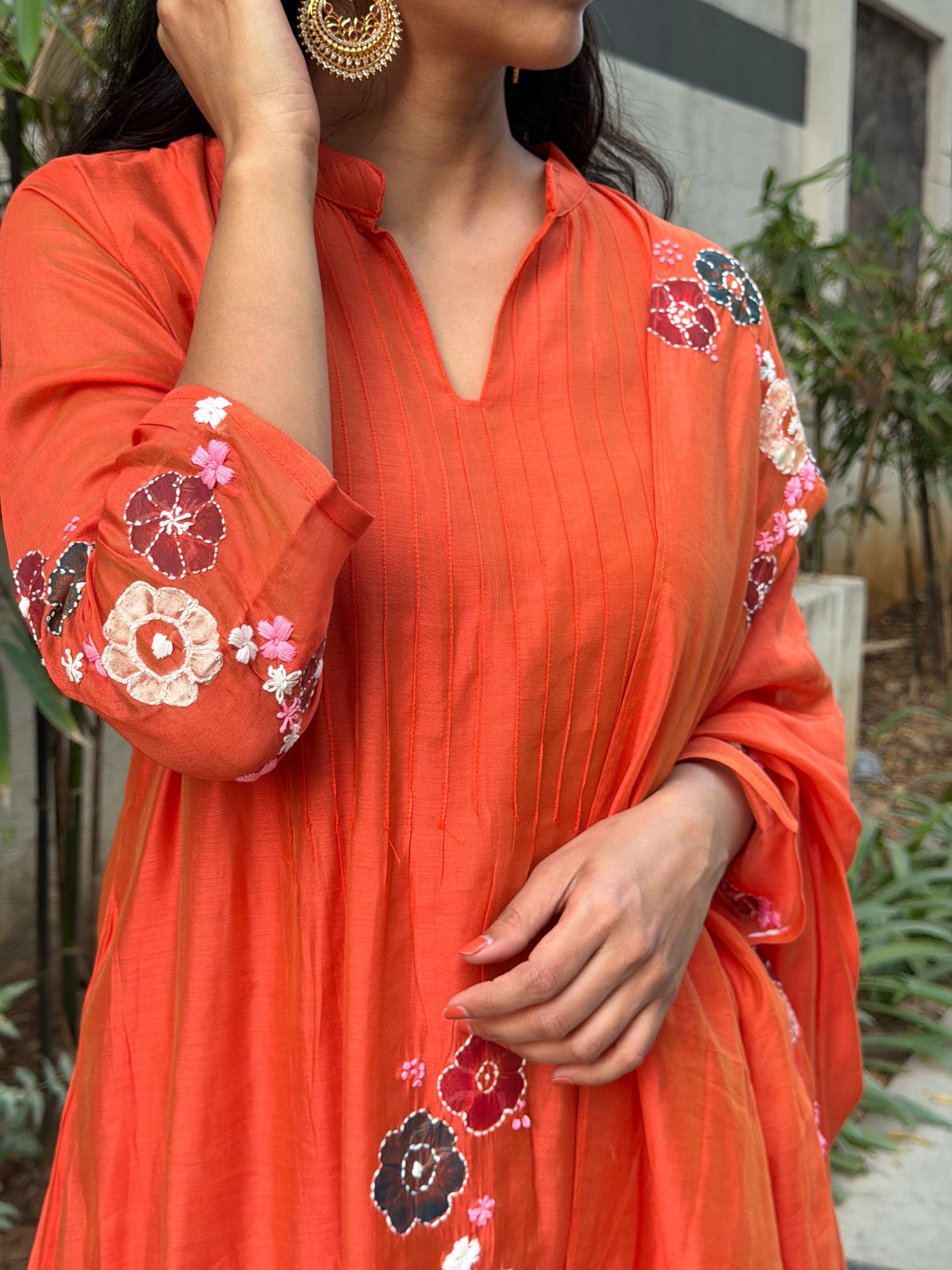 A0605 Orange Mul Chanderi 3pc set with hand paint and embroidery detailing