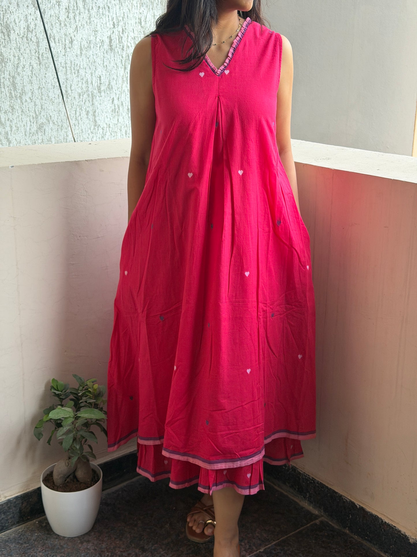 Hot pink Jamdani dress with hearts weave, double layer dress