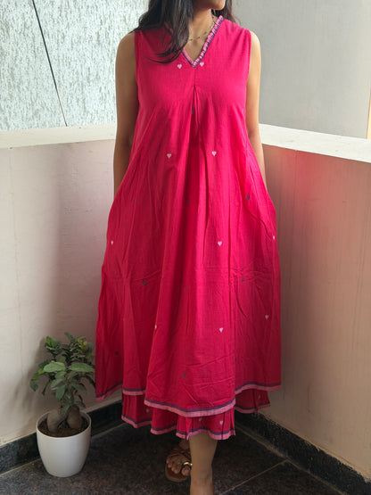 Hot pink Jamdani dress with hearts weave, double layer dress