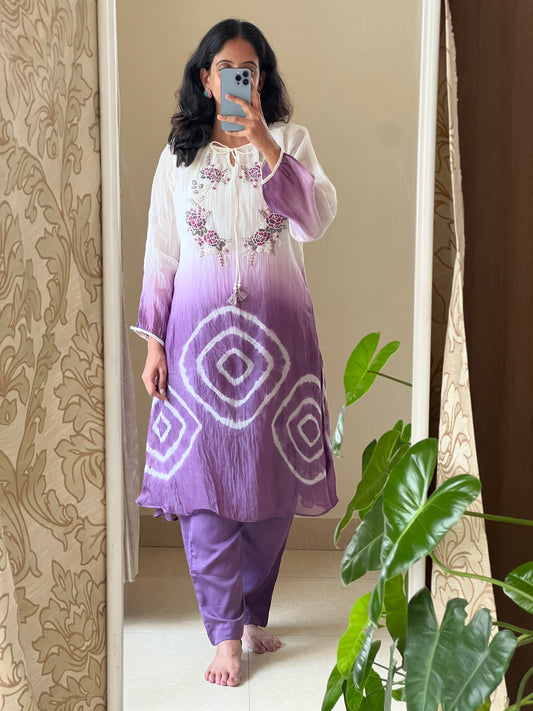 A0500 white & purple tie dye mul chanderi coord set with hand embroidery detailing on yoke part