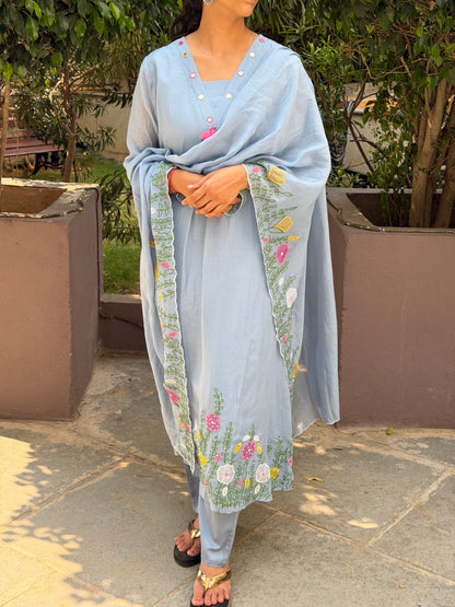 A0695 Powder blue 3pc set with applique, mirror and embroidery detailing
