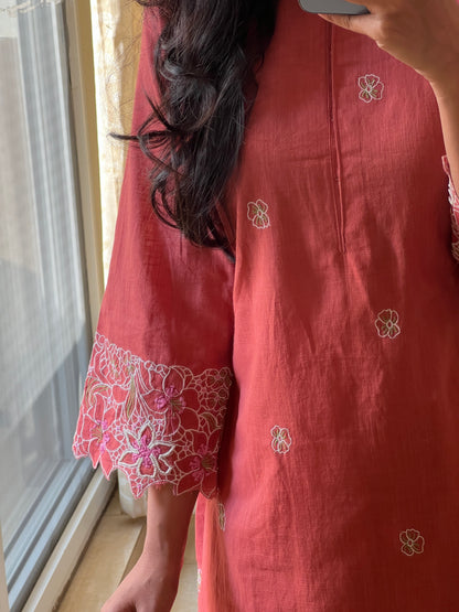 A0311 rust cotton 2 piece dress with machine embroidery detailing