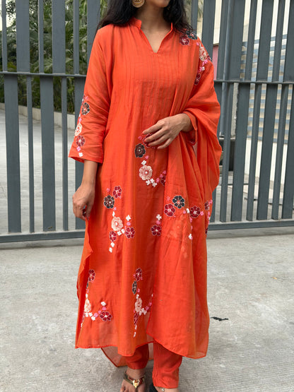 A0605 Orange Mul Chanderi 3pc set with hand paint and embroidery detailing