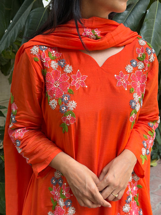 A0797 Orange Mul Chanderi 3pc set with hand embroidery and kanta work