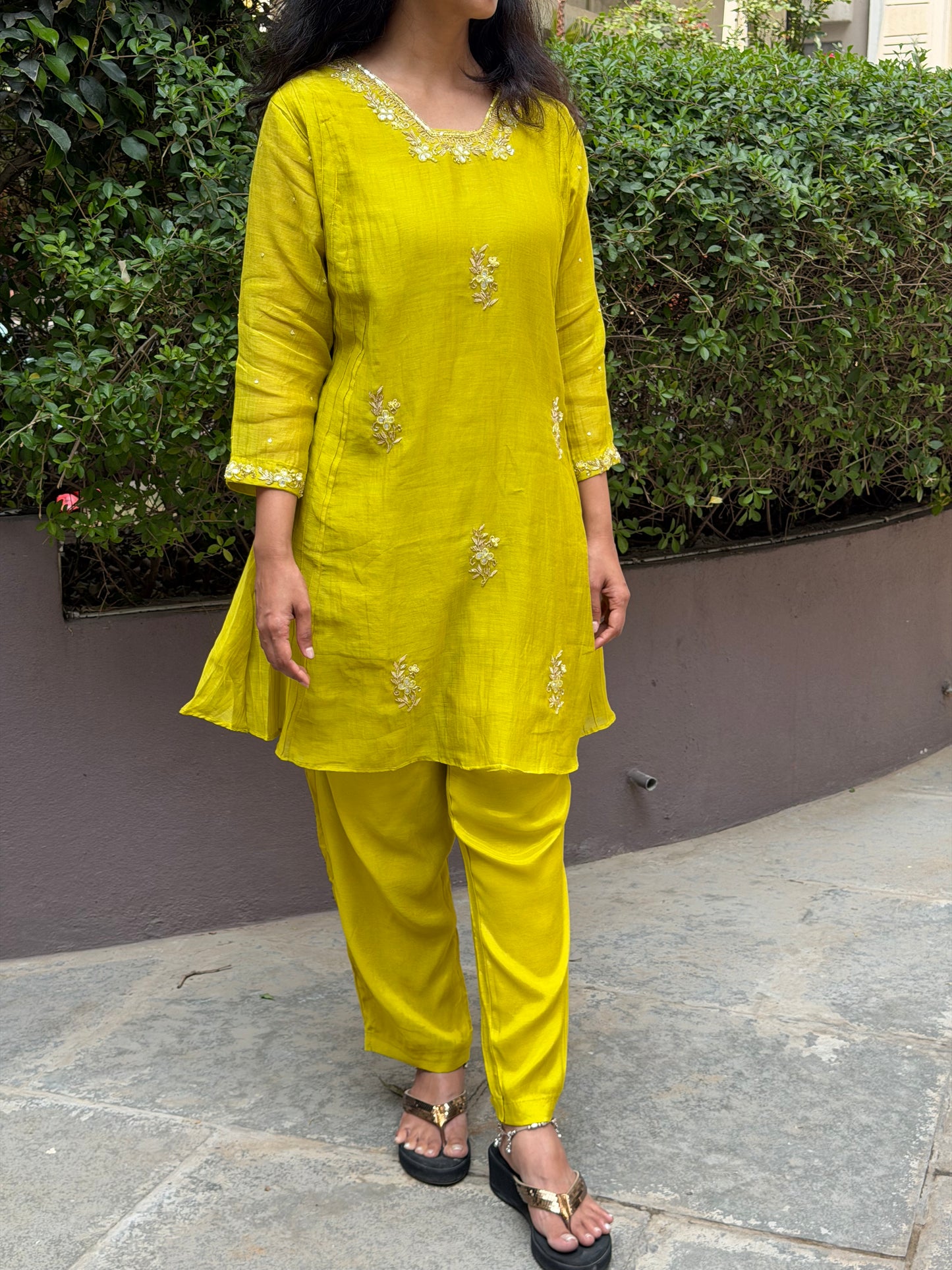 A0635 Beautiful yellow shade mul Chanderi cord set with Kundan, beads and embroidery detailing