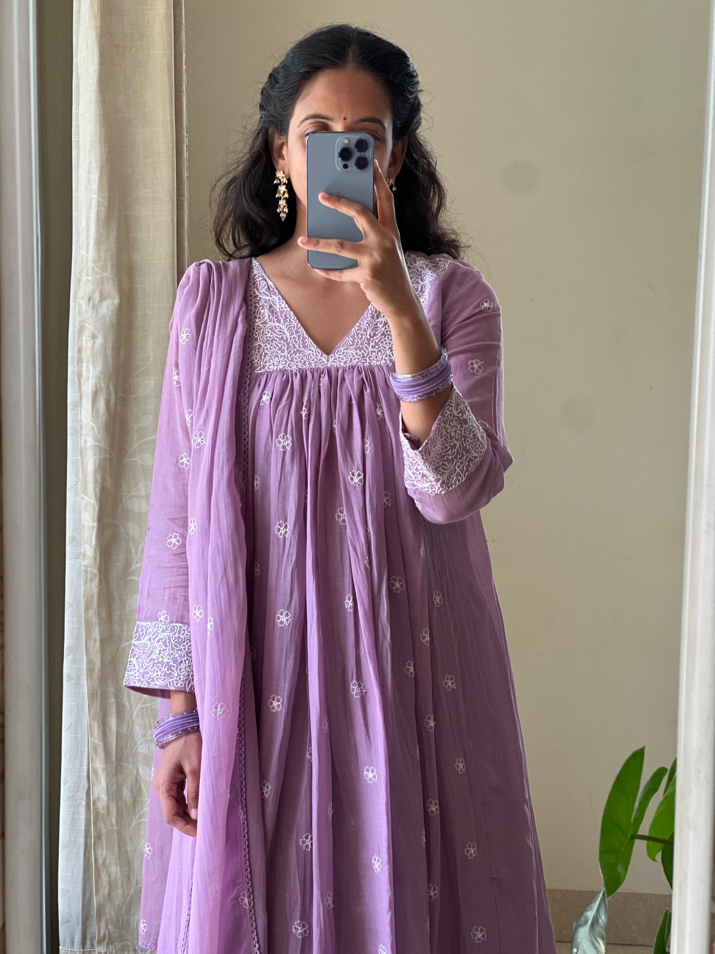 A0518 lavender mul chanderi 3 piece dress with embroidery detailing all over the dress