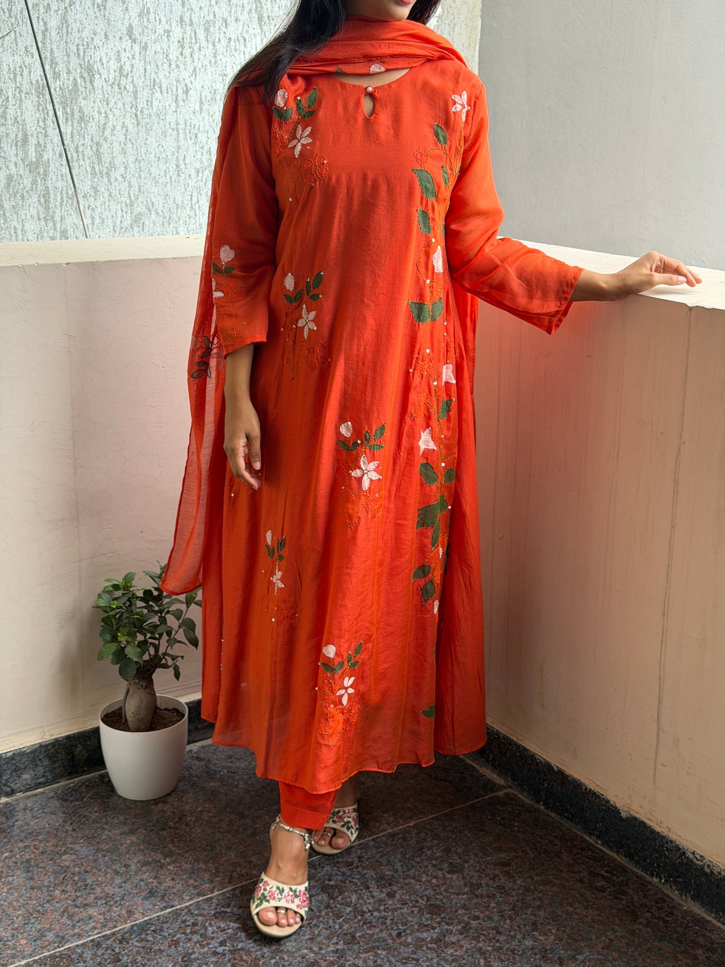 A0794 Orange Mul Chanderi 3pc set with hand painted and kanta detailing
