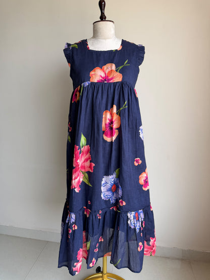 A0864 blue mul cotton floral digital printed one piece dress
