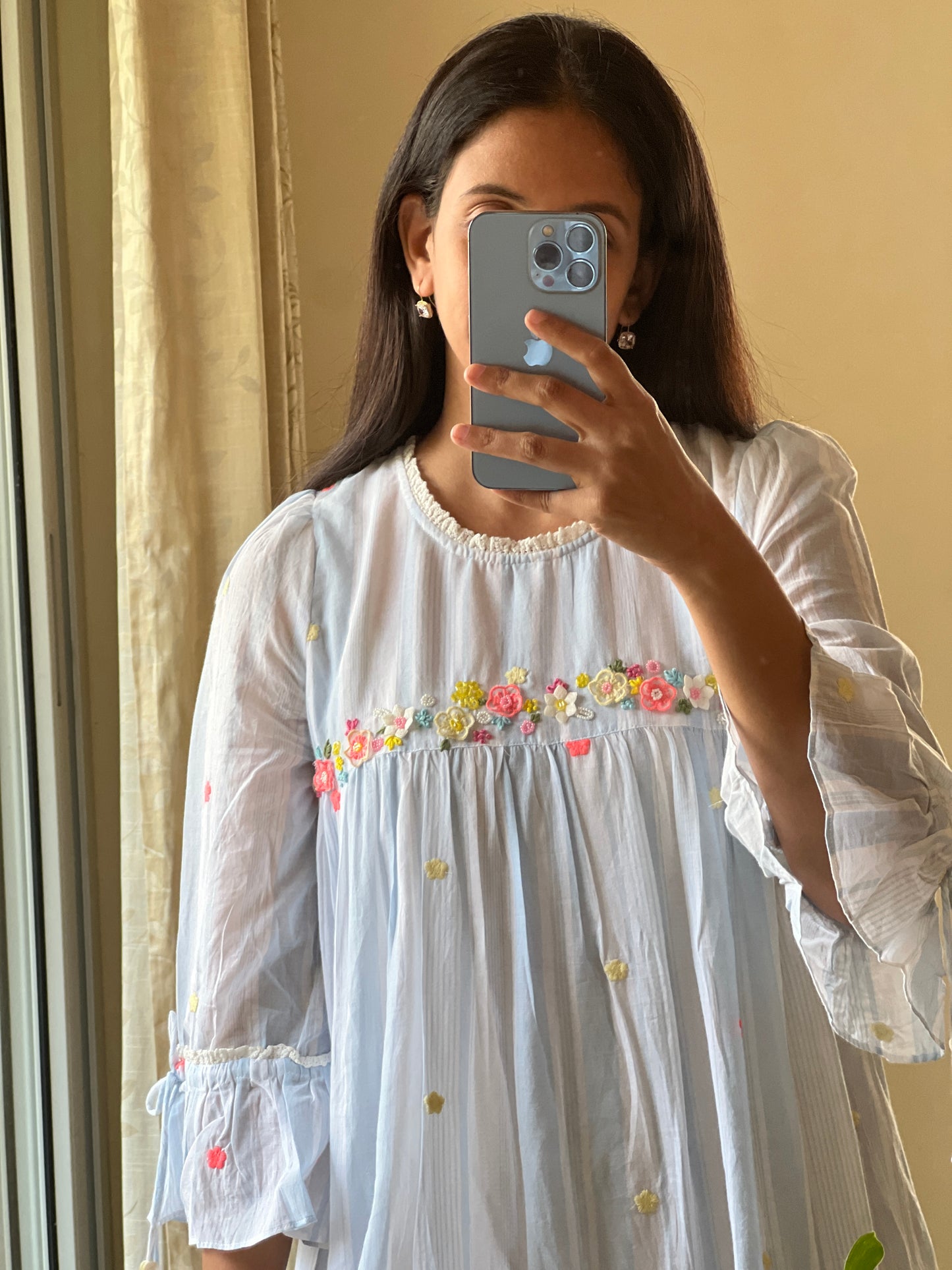A0360 blue & white stripes Bengal cotton jamdani one piece dress with hand embroidery detailing