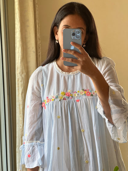 A0360 blue & white stripes Bengal cotton jamdani one piece dress with hand embroidery detailing
