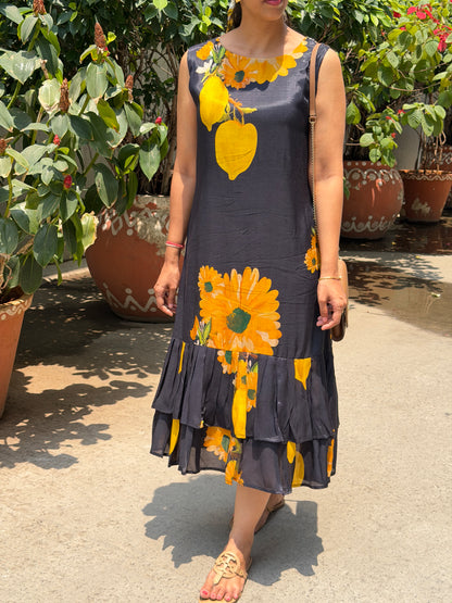 A0732 Black and yellow Mango print soft cotton silk dress