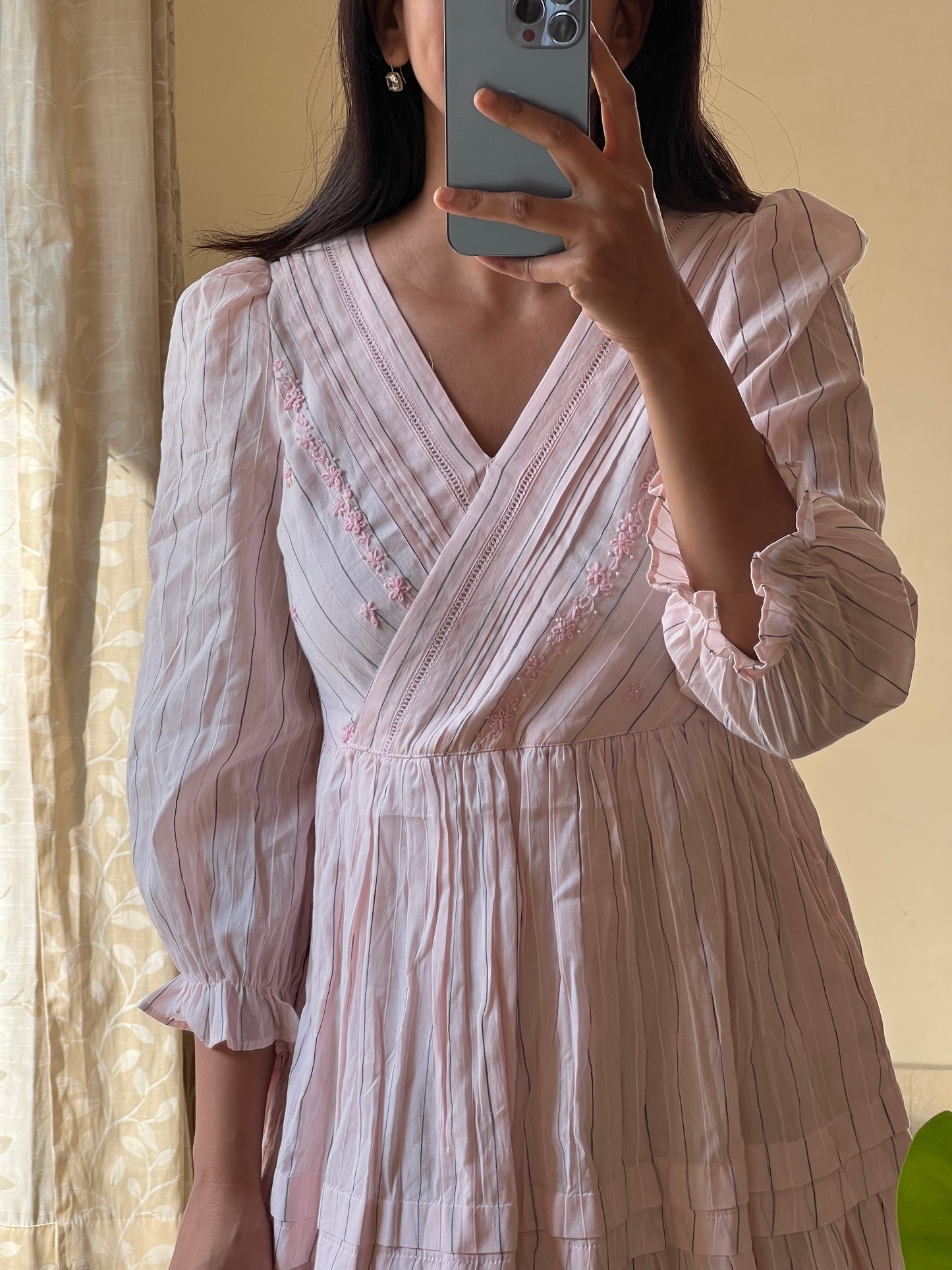 A0670 baby pink stripes jamdani cotton one piece dress with hand embroidery detailing on yoke part