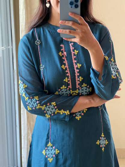P07 peacock blue mul chanderi 2 piece dress with Kutch work hand embroidery detailing
