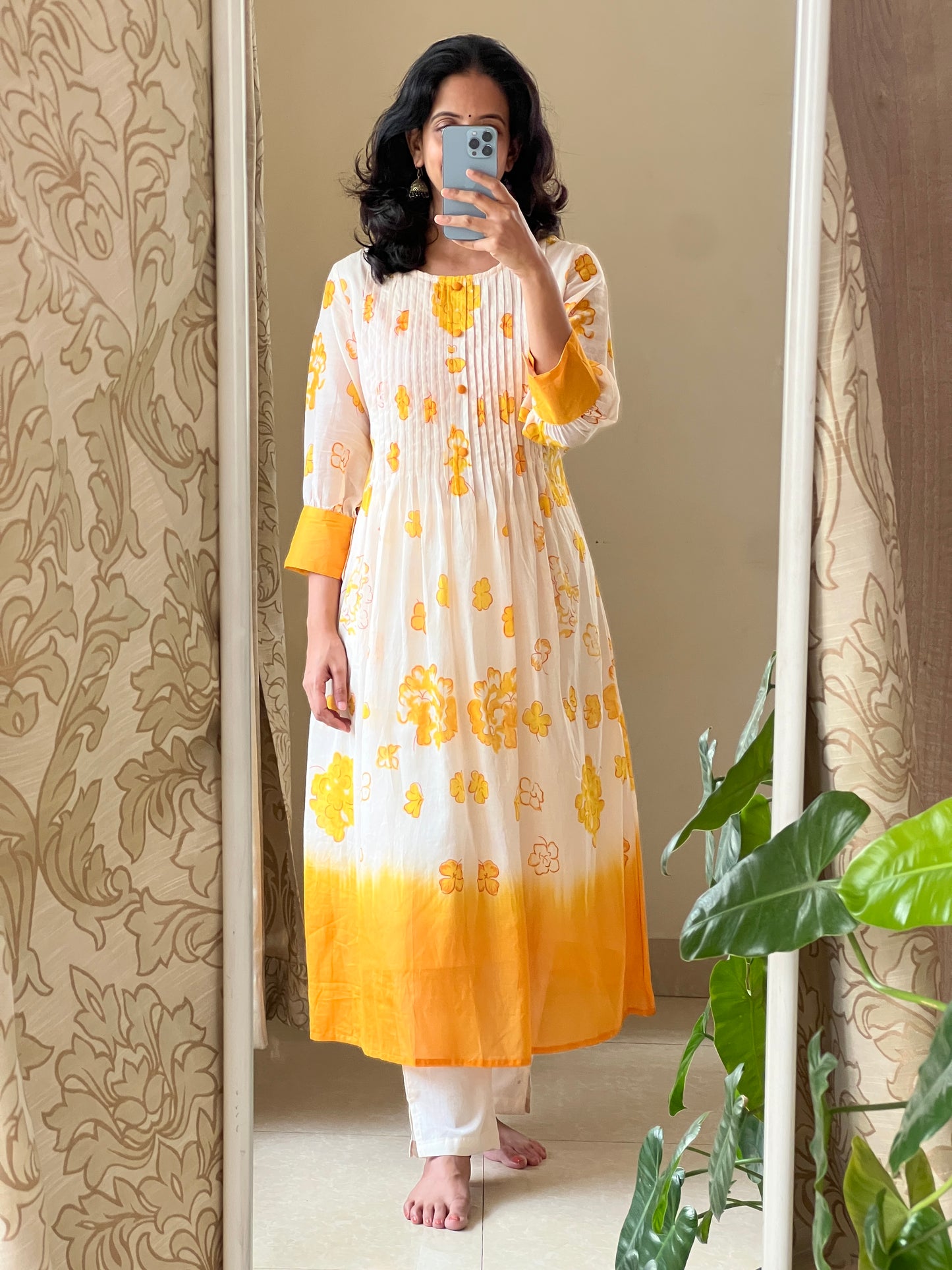 A0469 half white & yellow Mulmul cotton 2pc dress with block print floral detailing