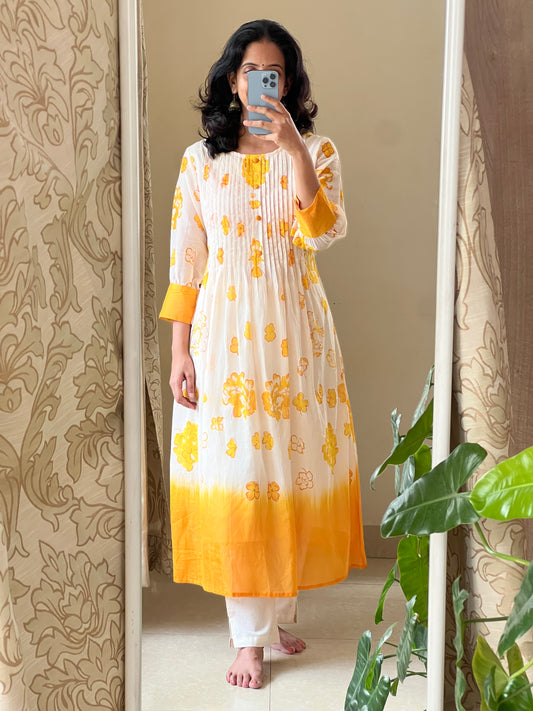A0469 half white & yellow Mulmul cotton 2pc dress with block print floral detailing