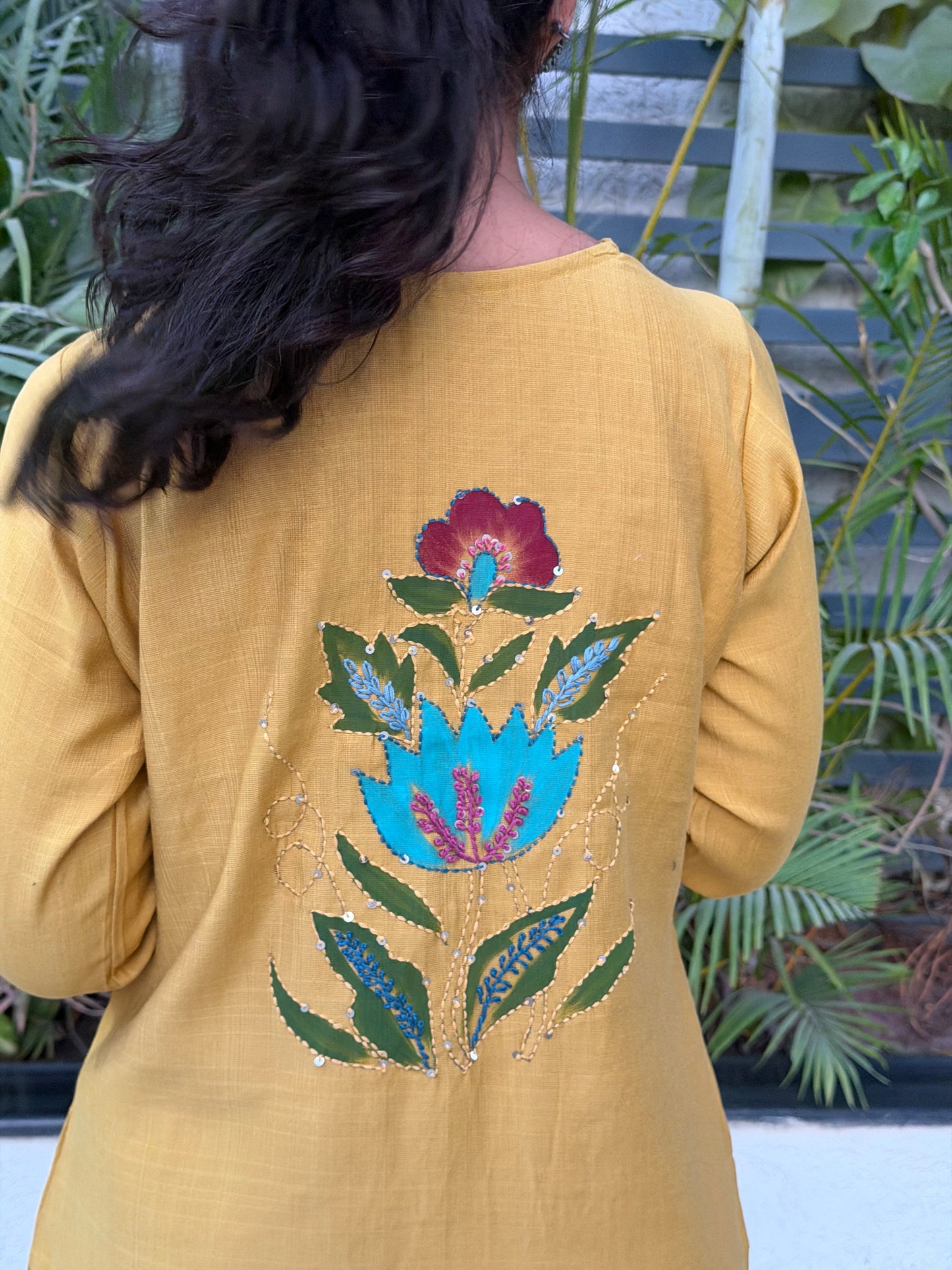 A0608 vatican silk 2pc Mustard hand painted and embroidery detailing