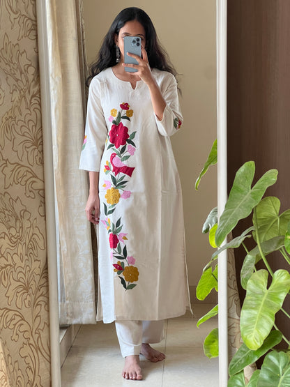 A0217 half white handloom cotton 2 piece dress with bird applique work