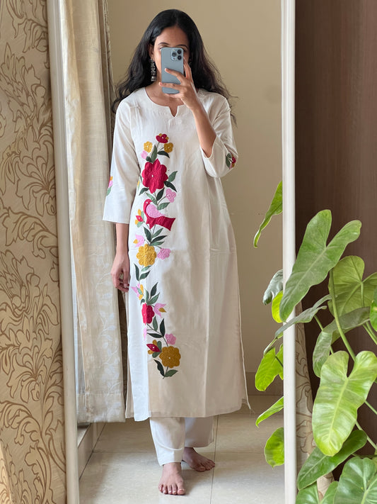 A0217 half white handloom cotton 2 piece dress with bird applique work