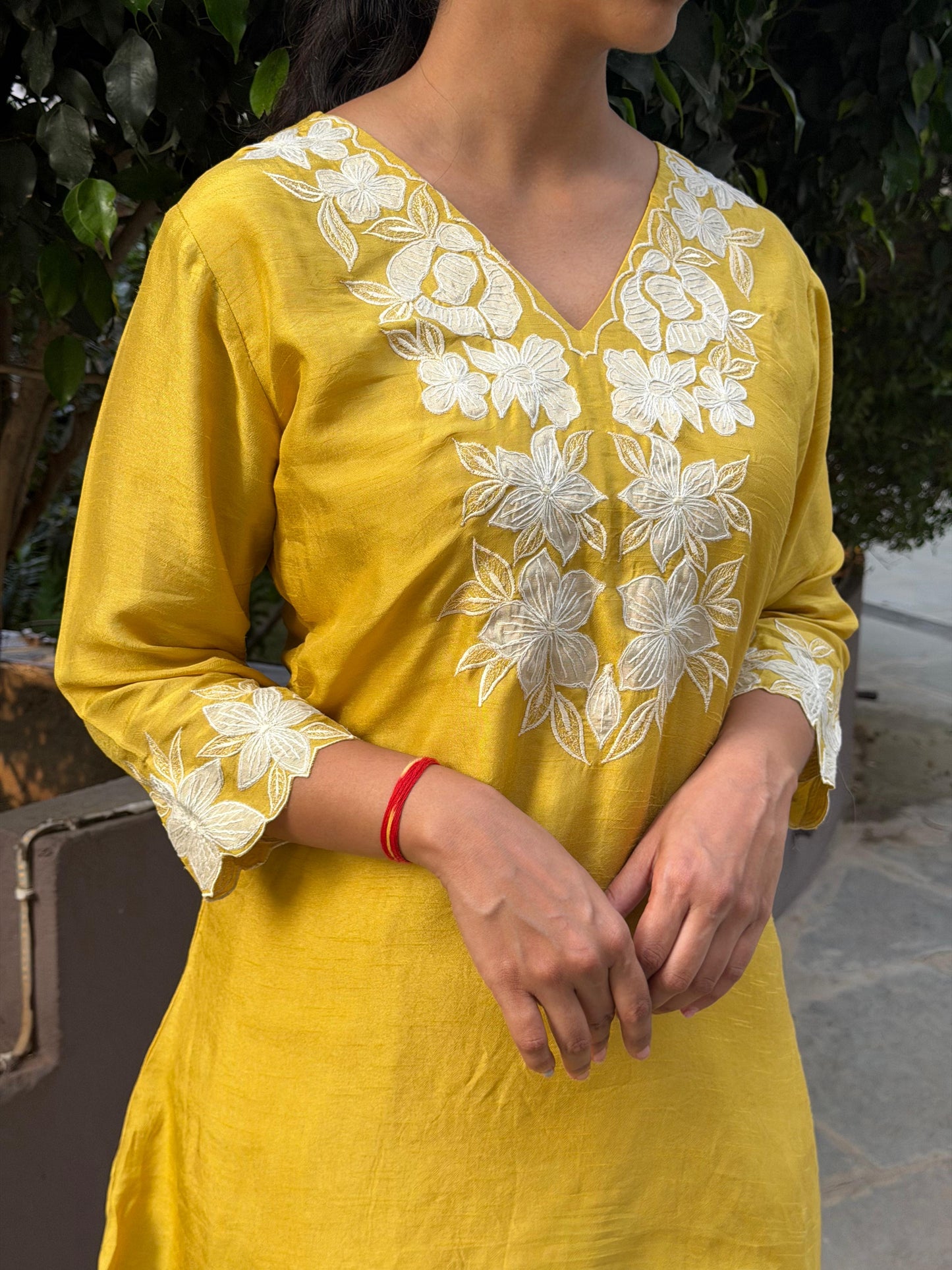 A0663 yellow Dola silk coord set whith applique work detailing. These are one sizes down so mentioned tag size vs actual size 38-36,38-40,40-42,42-44,44-46