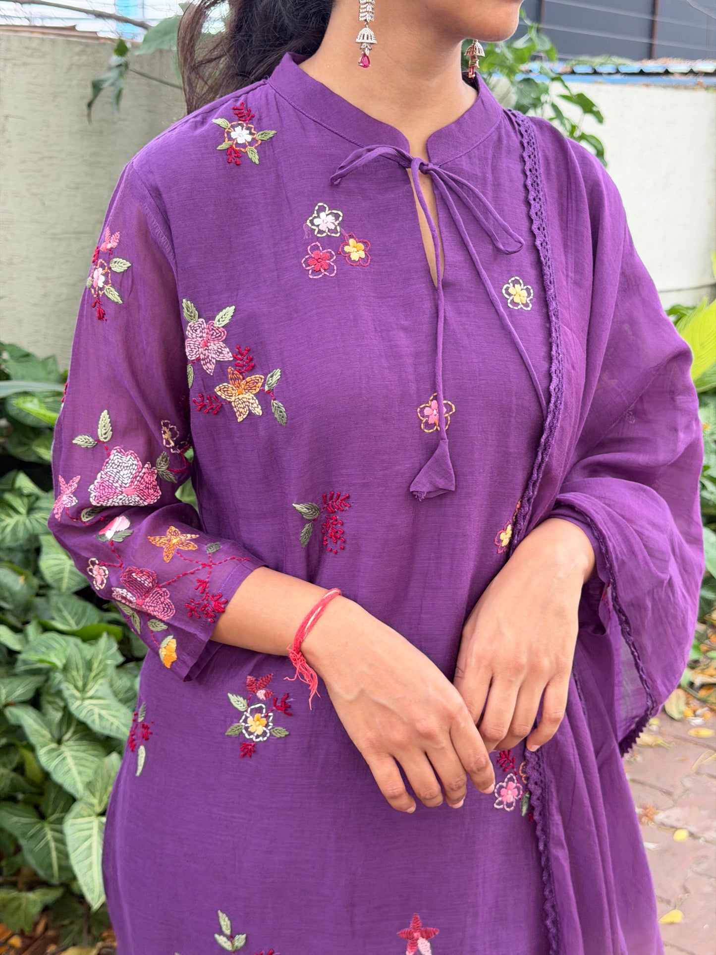 A0687 Premium Mul Chanderi 3pc set with floral hand embroidery details