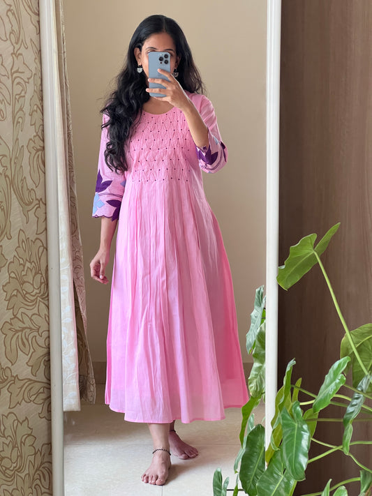 A0306 pink Mulmul one piece dress with applique work embroidery on sleeves