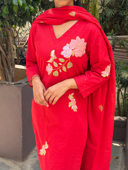 A0717 Pure cotton 3pc set with applique work and embroidery detailing