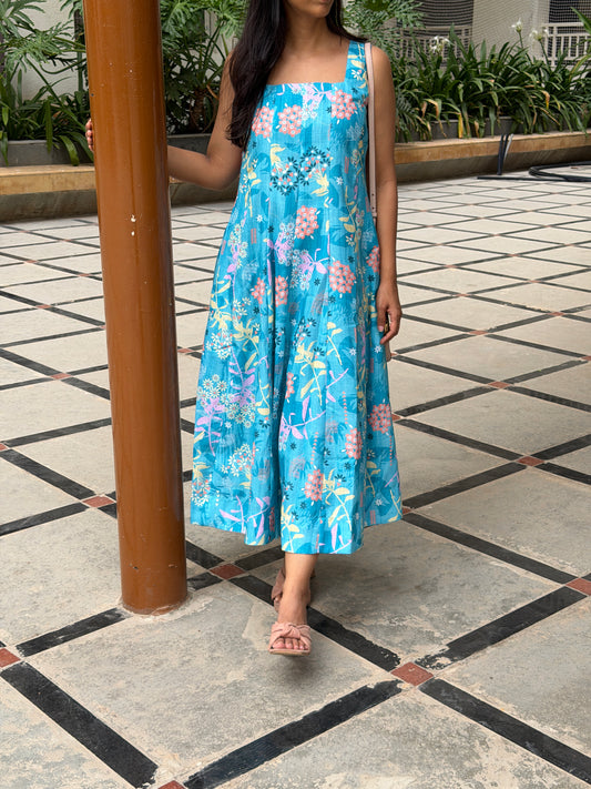 A0800 Teal Blue linen Kali style dress