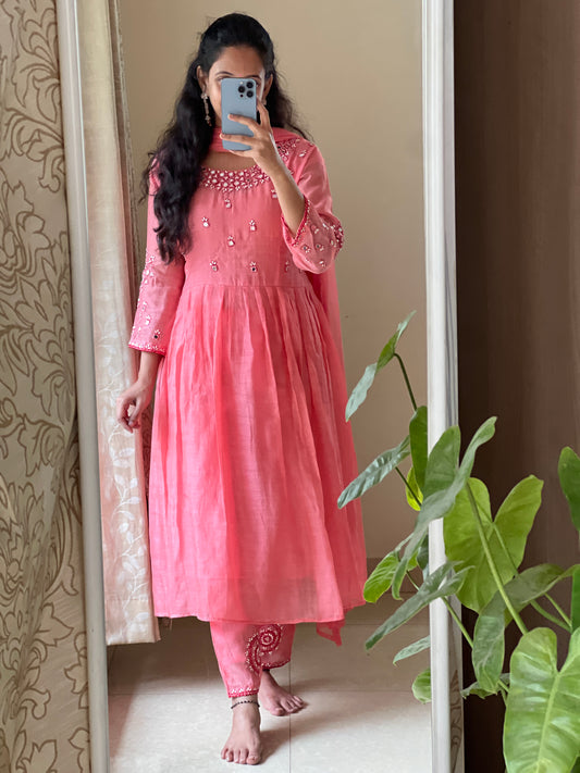 A0385 rose pink mul chanderi 3 piece dresss with mirror work hand embroidery