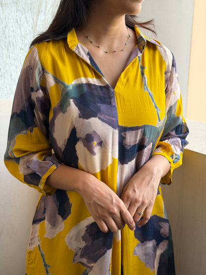 A0788 Cotton silk yellow dress with digital print