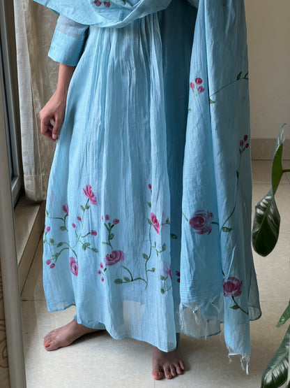 A0583 blue mul chanderi 3 piece dress with rose hand painted & hand embroidery all over the dupatta & dress