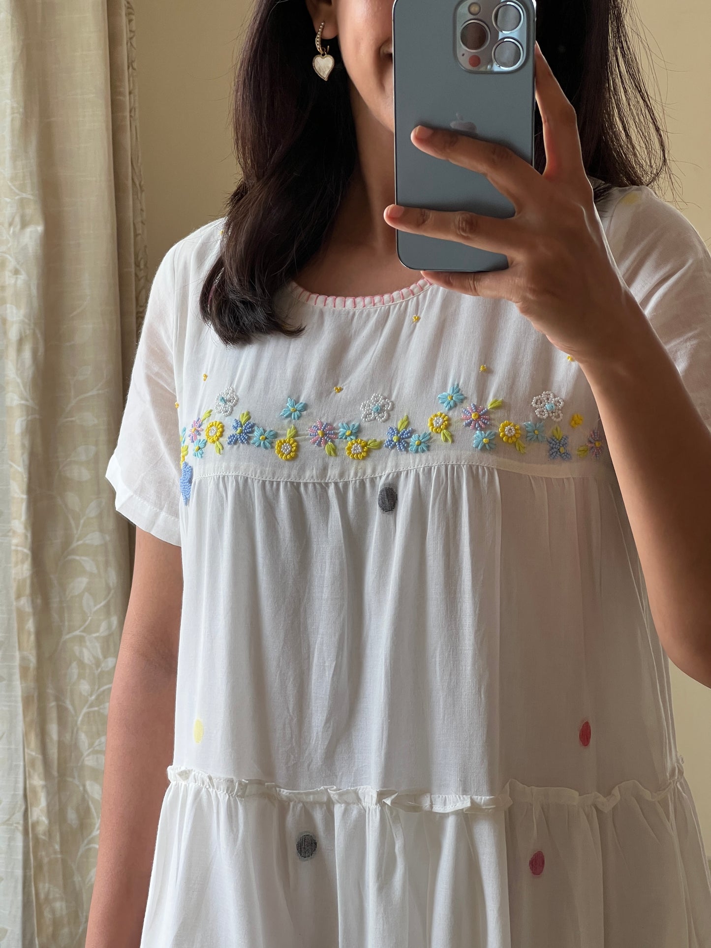 A0490 white  Bengal cotton jamdani one piece dress with hand embroidery detailing on yoke part