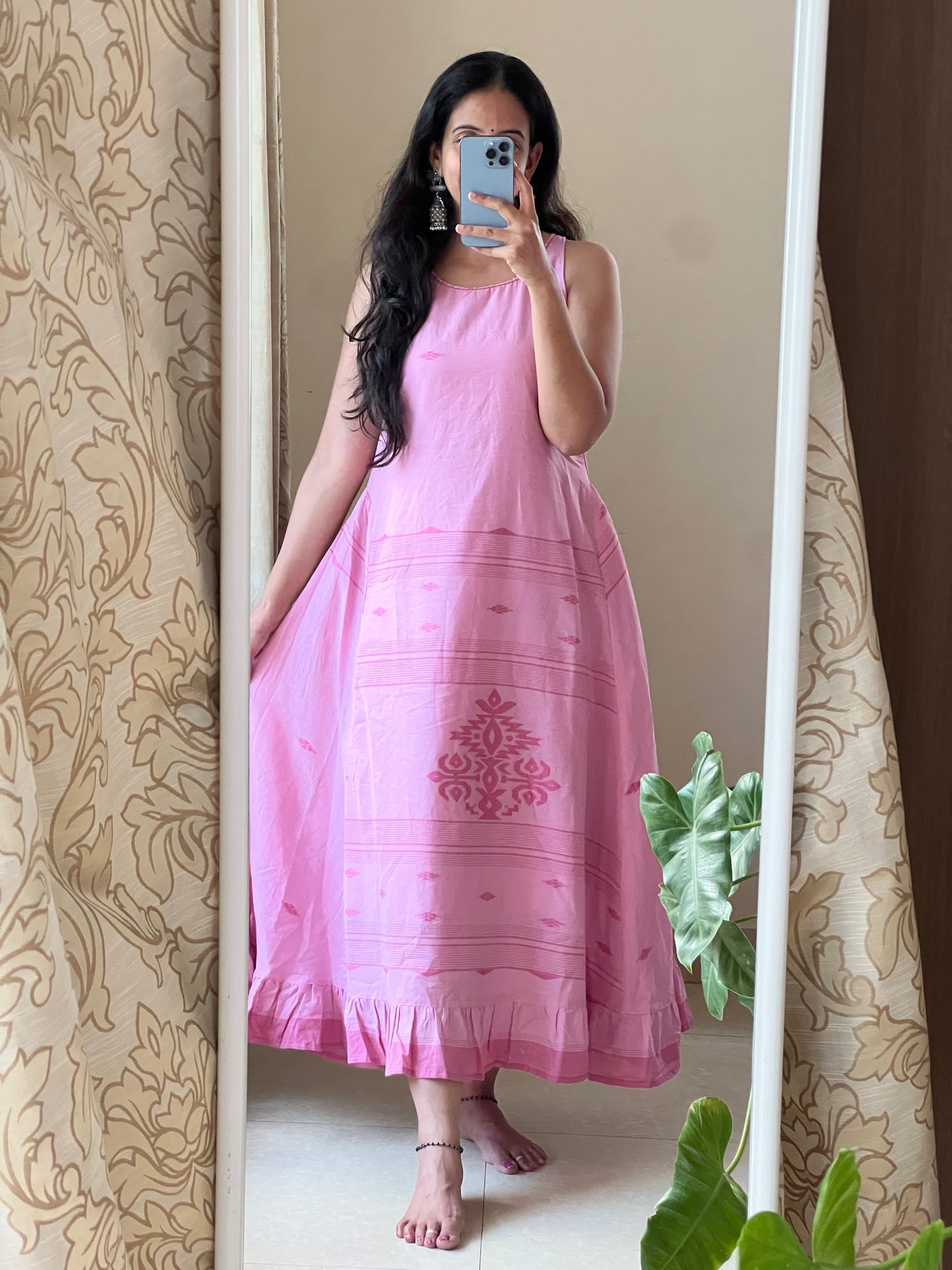 A0392 baby pink Bengal cotton jamdani one piece dress