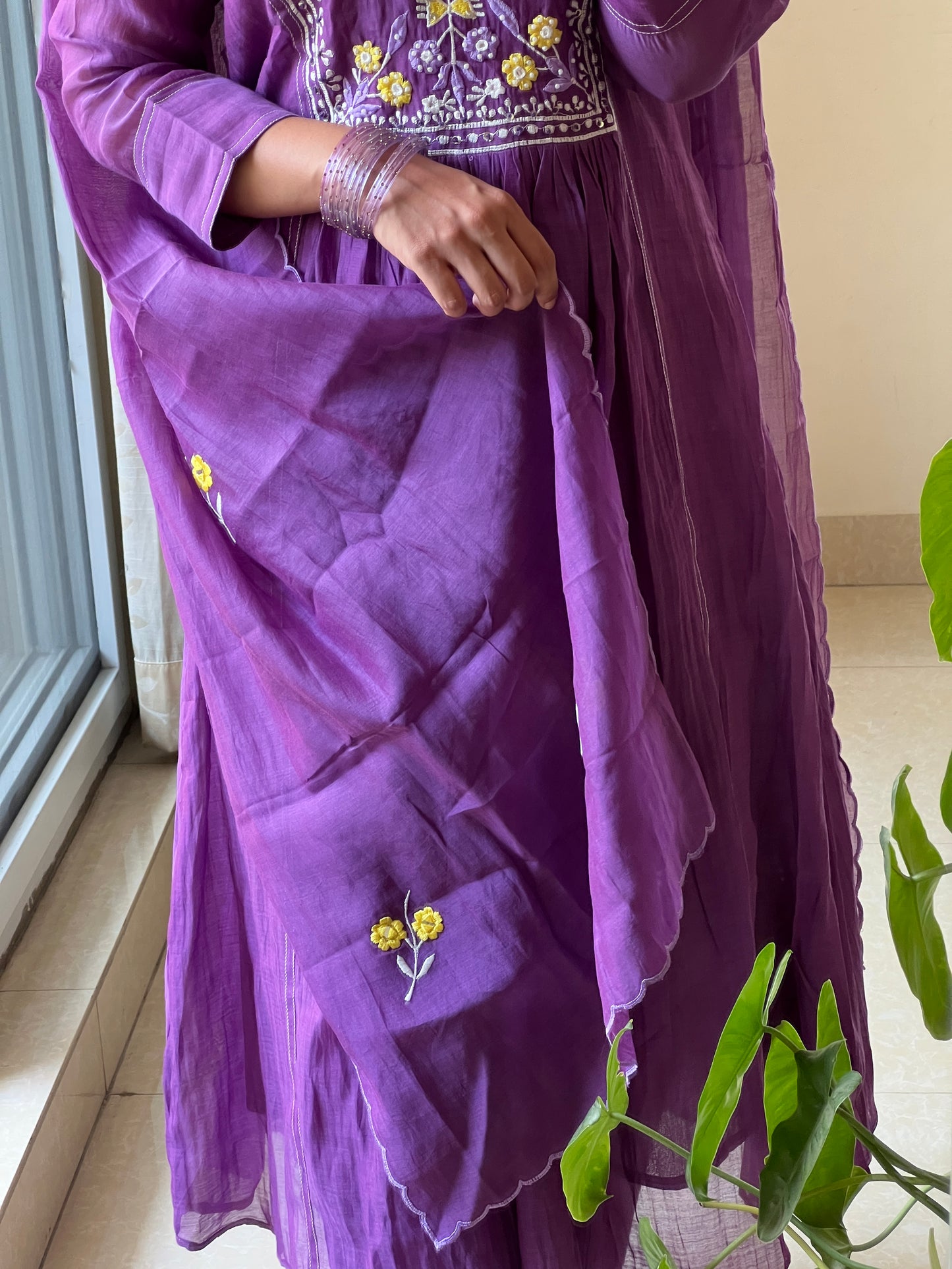 A0422 purple mul chanderi 3 piece dress with hand embroidery detailing