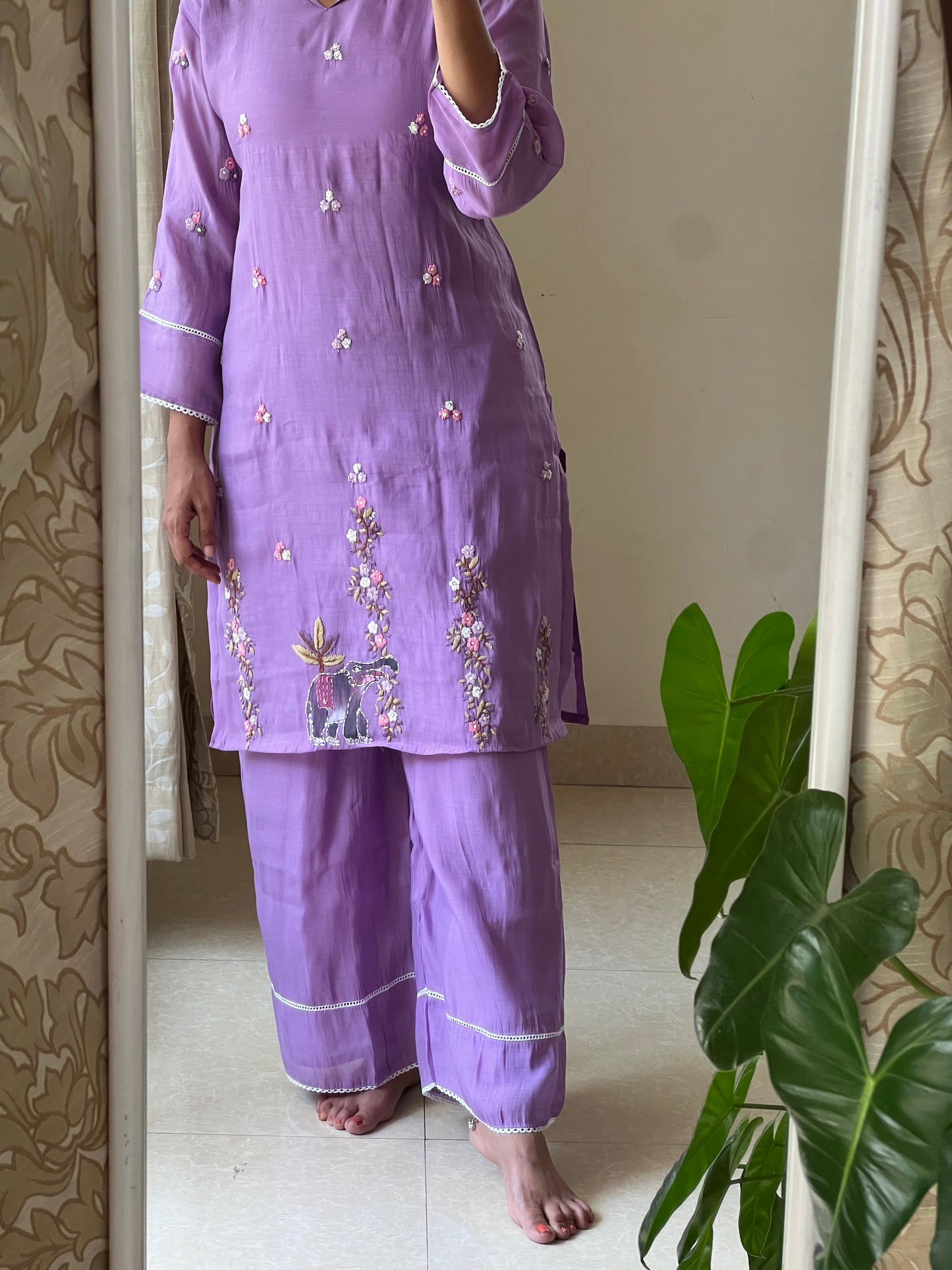 A0514 purple mul chanderi 2 piece dress with hand paint & hand embroidery detailing