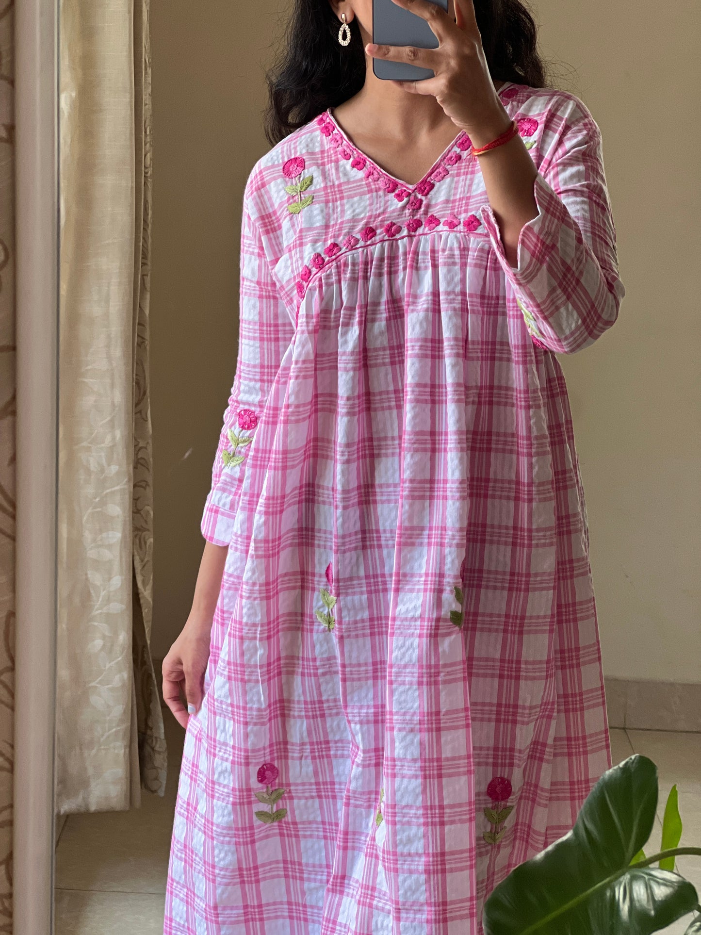 A0649 pink checks handloom cotton one piece dress with hand embroidery detailing on yoke part