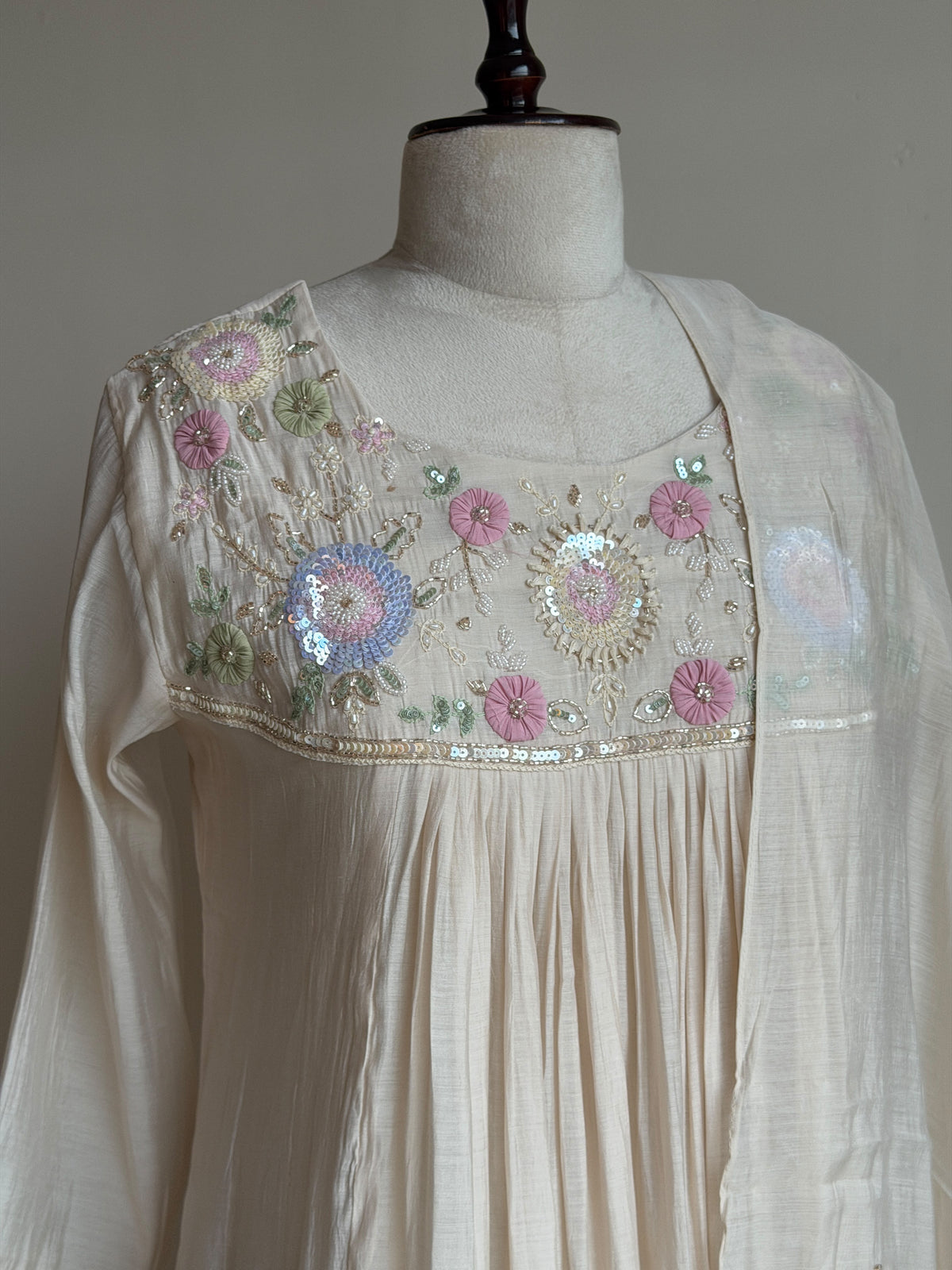 A0843 cream mul chanderi hand embroidery 3 piece dress