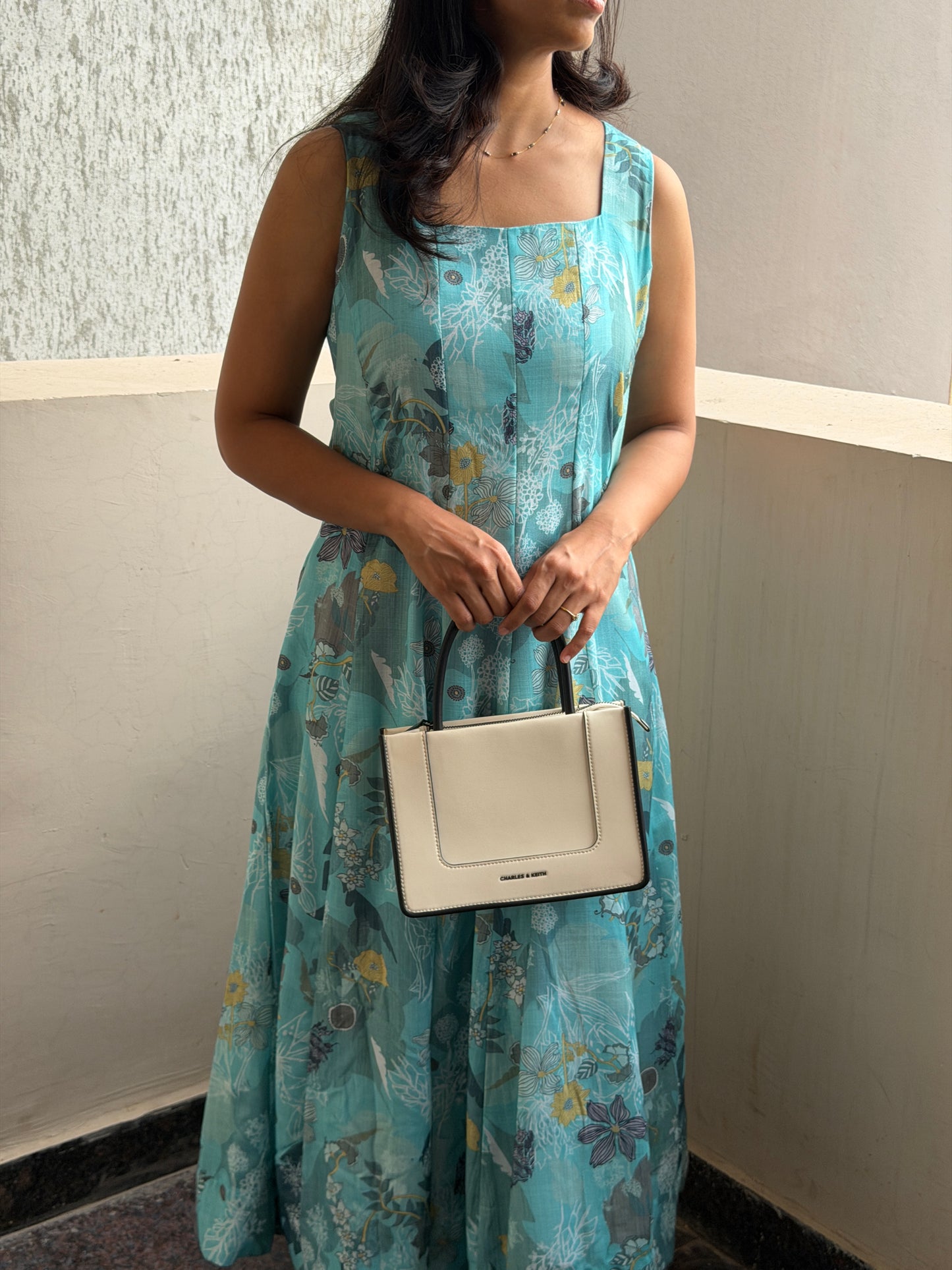 A0768 Lenin Ocean Blue dress in floral pattern
