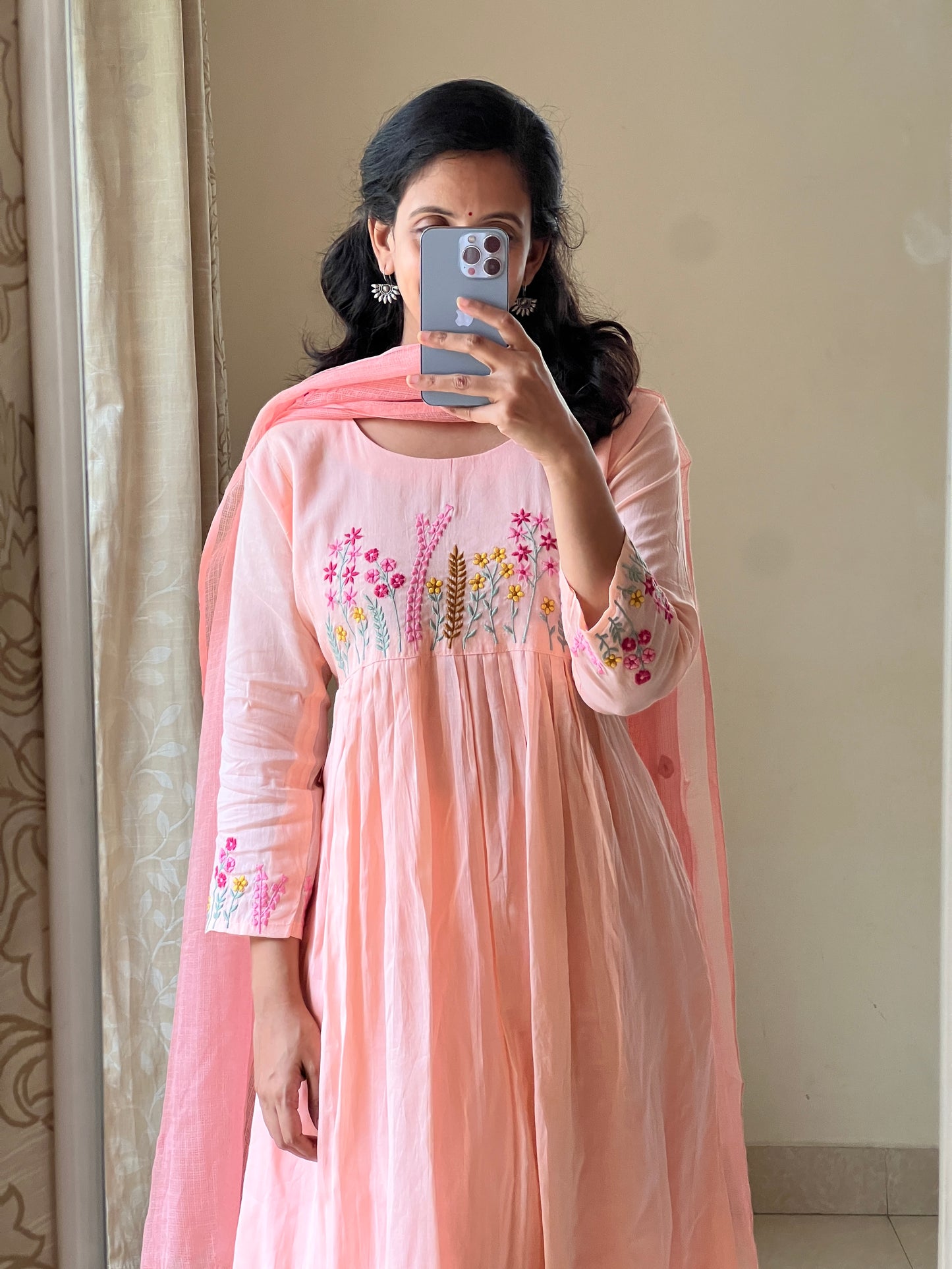 A0486 peach Mulmul 3 piece dress with kota duppatta & machine embroidery detailing
