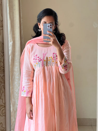 A0486 peach Mulmul 3 piece dress with kota duppatta & machine embroidery detailing