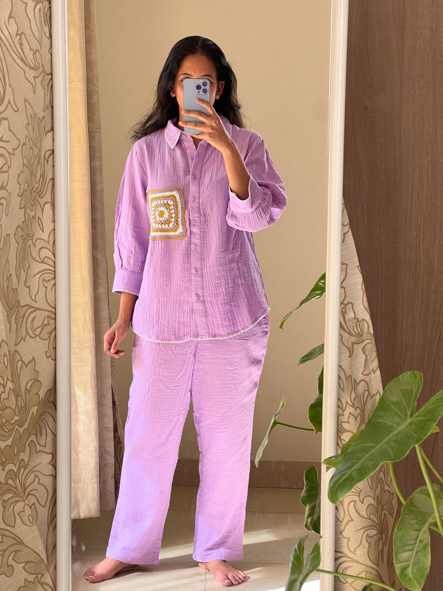 A0315 lavender crushed cotton coord set with crochet lace patch work detailing
