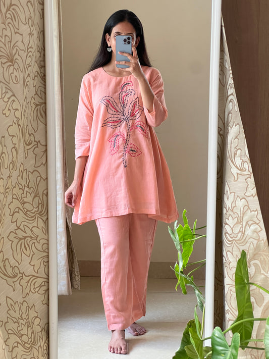 A0407 peach mulmul coord set with hand detailing