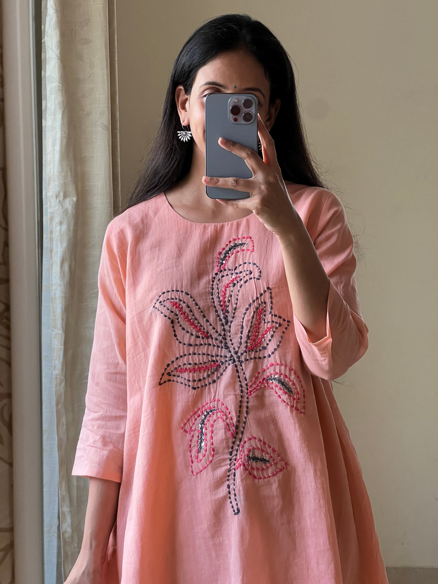 A0407 peach mulmul coord set with hand detailing