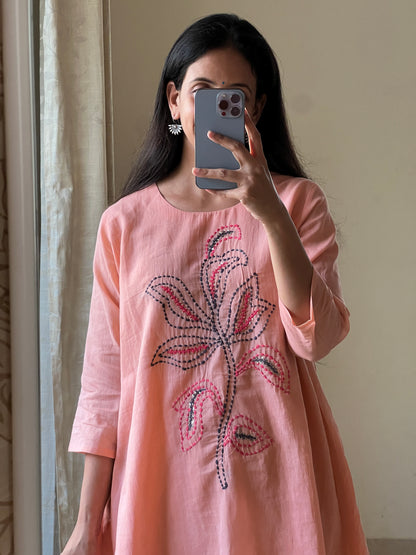 A0407 peach mulmul coord set with hand detailing