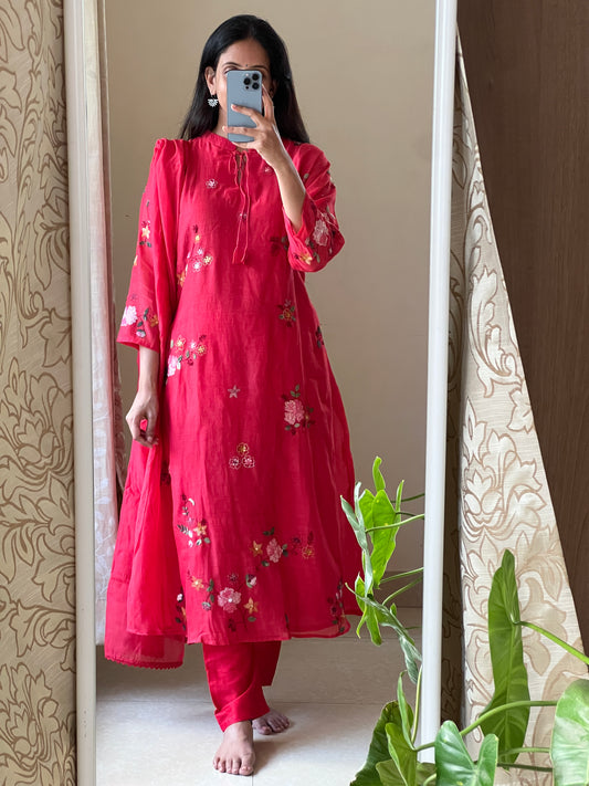 A0415 red mulchanderi 3 piece dress with Kantha work detailing