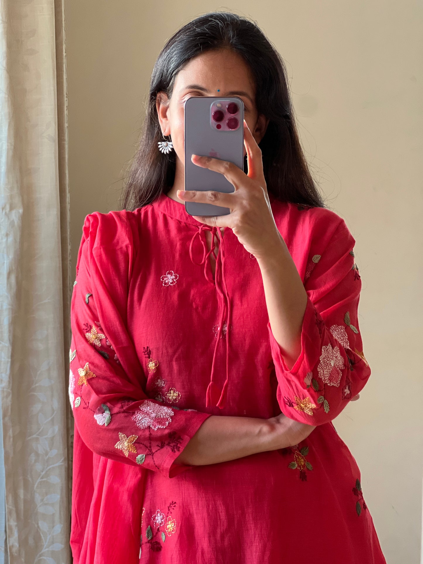 A0415 red mulchanderi 3 piece dress with Kantha work detailing