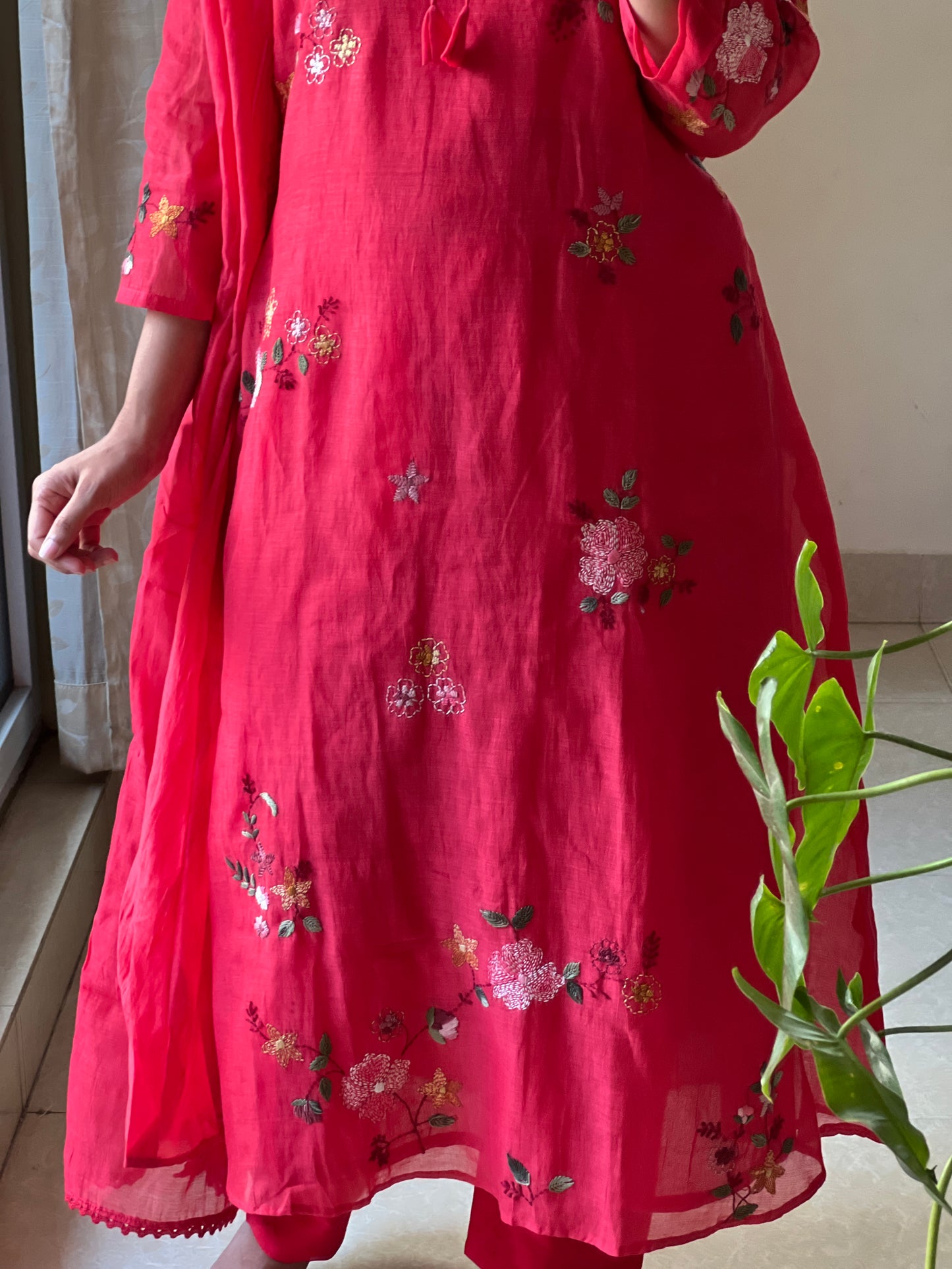 A0415 red mulchanderi 3 piece dress with Kantha work detailing