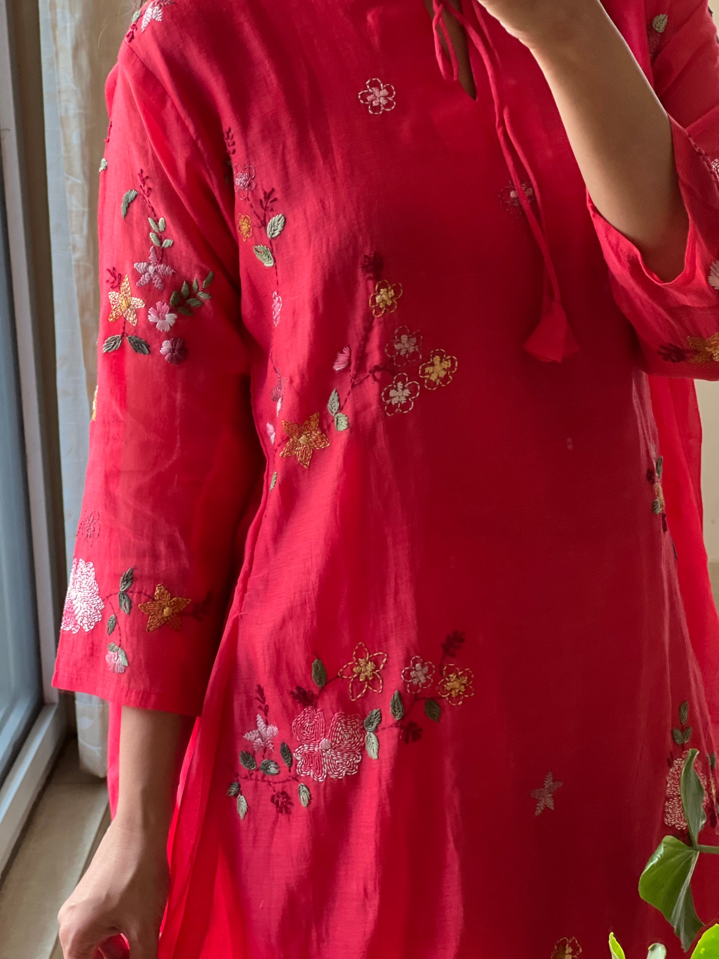 A0415 red mulchanderi 3 piece dress with Kantha work detailing